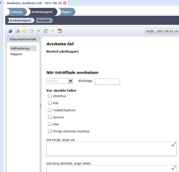 Avvikelserapport Efter att man valt vilken avvikelse som avses så öppnas vyn för Avvikelsen upp.