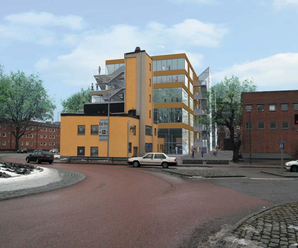 Byggnaden i tre till fem våningar byggs i puts och glas och får en öppen och ljus karaktär.