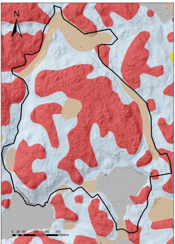 Geologiska bevarandevärden Berggrunden utgörs av granit, granodiorit och grov porfyrisk kvartsmonzonit. Den höglänta terrängen har en stor andel berg i dagen och tunna moräntäcken.