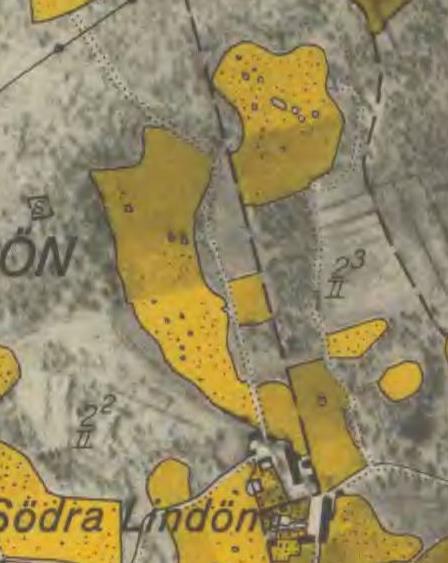 Infälld karta från cirka 1940 visar att åkrarna norr om bebyggelsen i södra Lindön