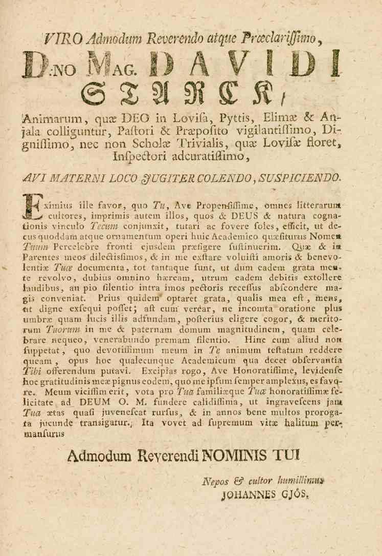 Mag, DA V ID STARCK. Anlmarum, qure DEG in I_c.vi.la, Pyttis, Etin.N s_ Anfala c-ollizi.li.tur, Paltori & PrXposito vigiiantilpnio, Di-. gniflimoj nec non Schola.