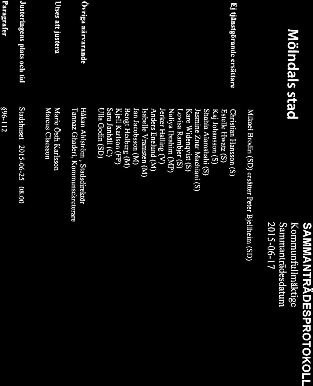 Mölndals stad SAMMANTRÄDESPROTOKOLL Kommunful imäktige Sammanträdesdatum 20 15-06-17 Mikael Brodin (SD) ersätter Peter
