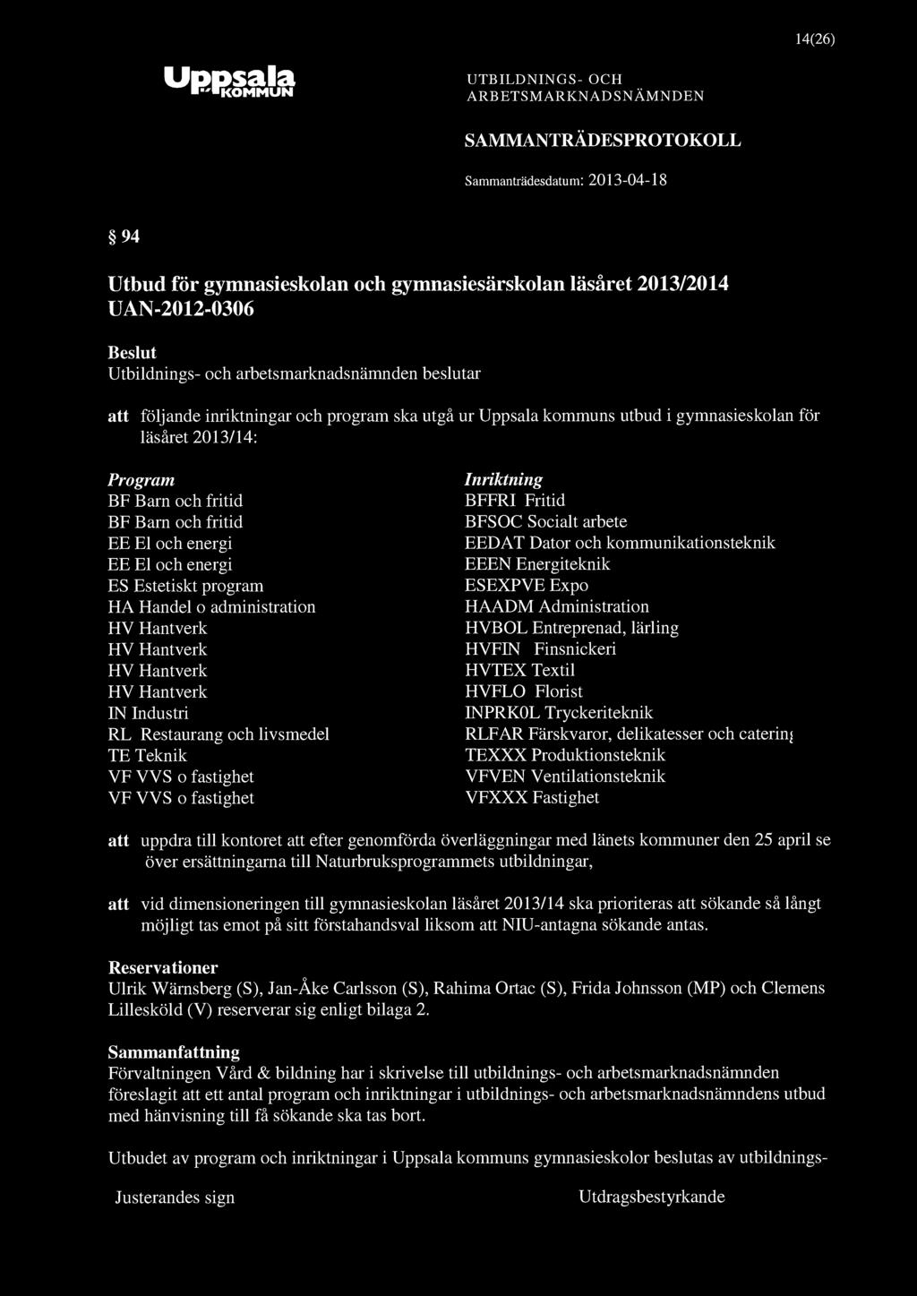14(26) Uppsala 94 Utbud för gymnasieskolan och gymnasiesärskolan läsåret 2013/2014 UAN-2012-0306 att följande inriktningar och program ska utgå ur Uppsala kommuns utbud i gymnasieskolan för läsåret