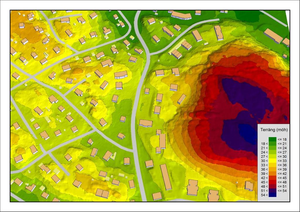 Terrängmodell En tredimensionell beräkningsmodell har byggts upp utifrån digital geografisk information som inköpts från Metria.