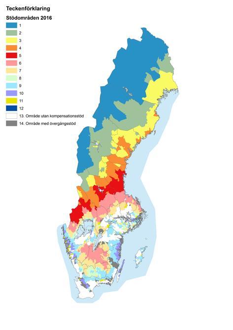 Karta för stödområden 2016 Så här ser 2016 års gränser ut för de olika områdena. Kartan gäller för kompensationsstöd i norra och södra Sverige samt för nationellt stöd i norra Sverige.