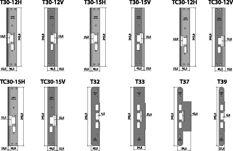 Montagestolpar T-serien Vinklad montagestolpe T30-12H för högerhängd dörr Främst för Daloc-dörrar Lika yttermått som T30-12, men höjdjusterad 5,5 mm Vinklad montagestolpe T30-12V för vänsterhängd