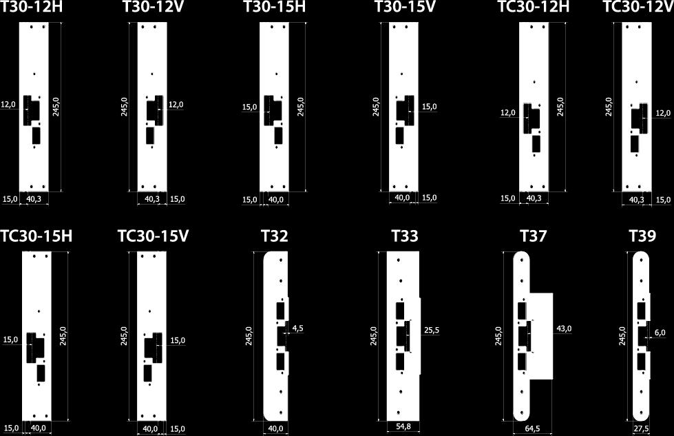 5,5 mm Vinklad montagestolpe T30-15V för vänsterhängd dörr Främst för Daloc-dörrar Lika yttermått som T30-15, men höjdjusterad 5,5 mm Vinklad montagestolpe TC30-12H för högerhängd dörr Lika yttermått