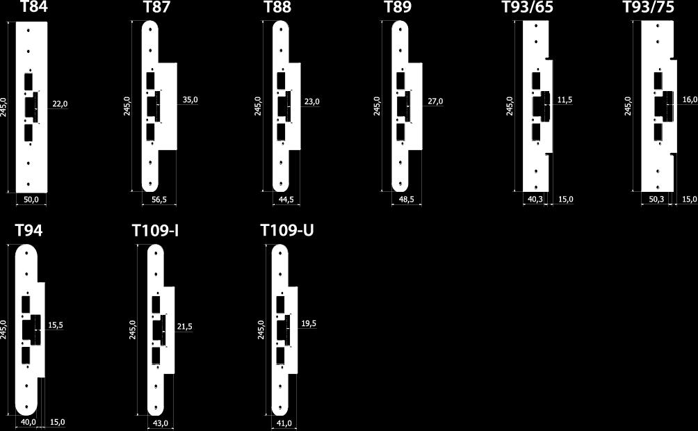 Montagestolpar T-serien Plan montagestolpe T84 Bl.a. För Schüco-profil ADS 80 utåtgående dörr Samma urtag som SA83 & SB841 Plan montagestolpe T87 Bl.a. För Wicona-profil WicStyle 77 utåtgående dörr Samma urtag som SA82 & SB820 Plan montagestolpe T88 Bl.