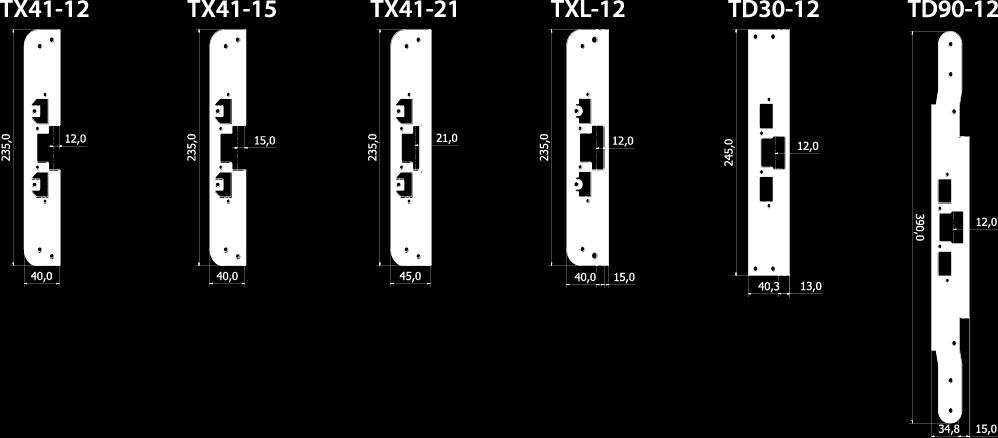 Montagestolpar T-serien Öppen montagestolpe TX41-12 För dörrar då förstärkt infästning krävs. Snedställd skruvmontering Öppen montagestolpe TX41-15 För dörrar då förstärkt infästning krävs.