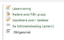 Selma manual 1. Klicka på länken Läsanvisning för litteraturposten. Fönstret 'Obligatorisk/Läsanvisning' öppnas. 2. Inför aktuella ändringar. 3. Klicka på 'Spara'.