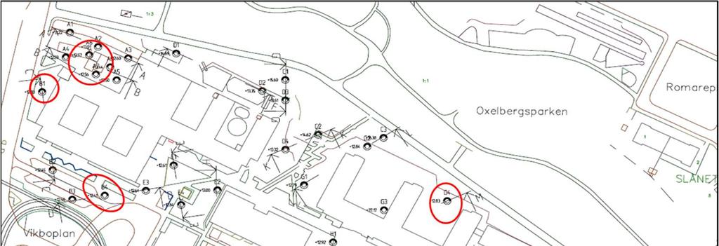 2017-07-07 Figur 2. Presentation av undersökningsresultat (Ramböll, 2016). Grönt område jordhalter över KM, rött område över MKM.