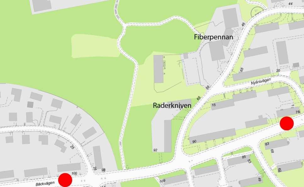 Sida 7 (13) Kartöversikt med planområdet och grannfastigheter. Närmsta busshållplatser markerade med rött.