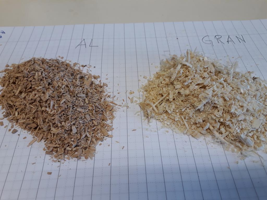 Utförande Odlingssubstrat, med torrt sågspån av gran respektive al (figur 1), gjordes enligt Stamets recept och Stamets modifierade recept till en total massa på 500 gram per odlingspåse. Figur 1.