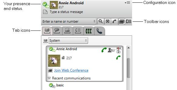 Microsoft Outlook insticksprogram: Logga in 13.3 Avaya IP Office Plug-in-skärm Följande avsnitt ger en snabb överblick över insticksprogrammets fönster.