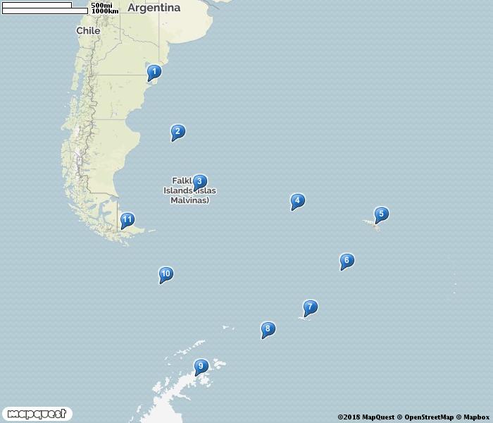 1. Puerto Madryn 2. At sea between Puerto Madryn and Falklands 3. Falklands 4. At sea between Falklands and South Georgia 5. South Georgia 6.