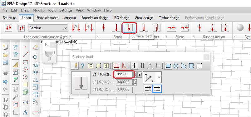 Ytlast En ytlast kan definieras med hjälp av Surface load funktionen under fliken Loads i FEM-Design. Fordonslastens storlek kan anges under Surface load som visas i figur 5.2 nedan.