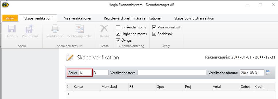 Arbetsgång för olika verifikationsserier Att arbeta med olika verifikationsserier underlättar och strukturerar upp det dagliga arbetet i Hogias ekonomisystem och