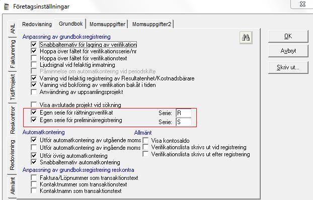 För möjligheten att använda egen verifikationsserie för Rättningsverifikat och Preliminärregistrering väljer du Arkiv Företagsinställningar Redovisning Grundbok (Affärssystem: Inställningar