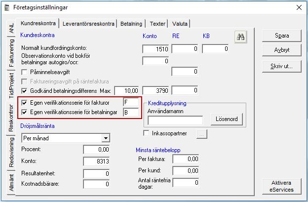 För möjligheten att använda andra verifikationsserier i dina reskontror väljer du Arkiv - Företagsinställningar - Reskontror - Kundreskontra (Affärssystem: Inställningar - Företag -