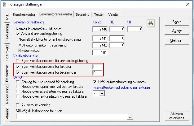 För att ändra serie för leverantörsfakturorna väljer du fliken Leverantörsreskontra. Använder du ankomstregistrering har du även möjlighet att ange olika serier för ankomst- och definitivregistrering.