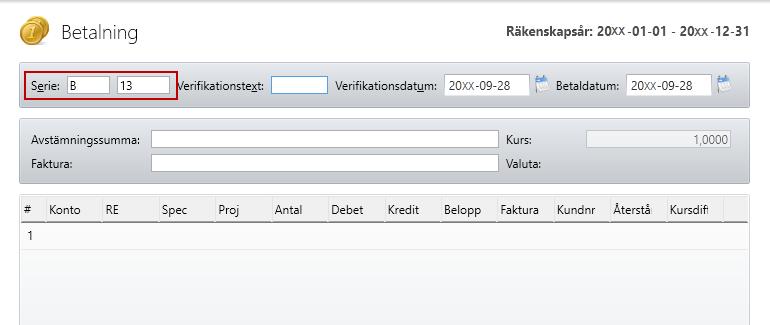 I Bearbeta - Grundboksregistrering - Kundbetalning (Affärssystem: Bearbeta - Reskontra - Kund - Kundbetalning) kommer den förvalda serien för