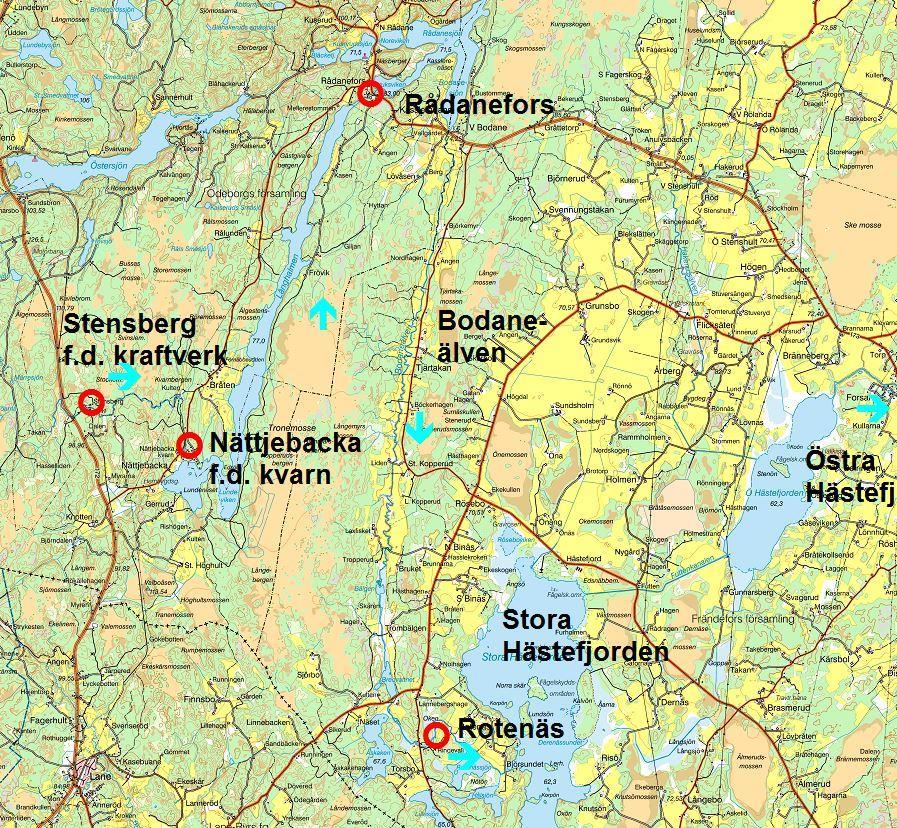 Karta 3. Bodaneälven och Flagerån Ytterligare uppströms finns en regleringsdamm i vattendraget mellan Långhalmen och Rådanesjön/Bodanesjön, men inget kraftverk.