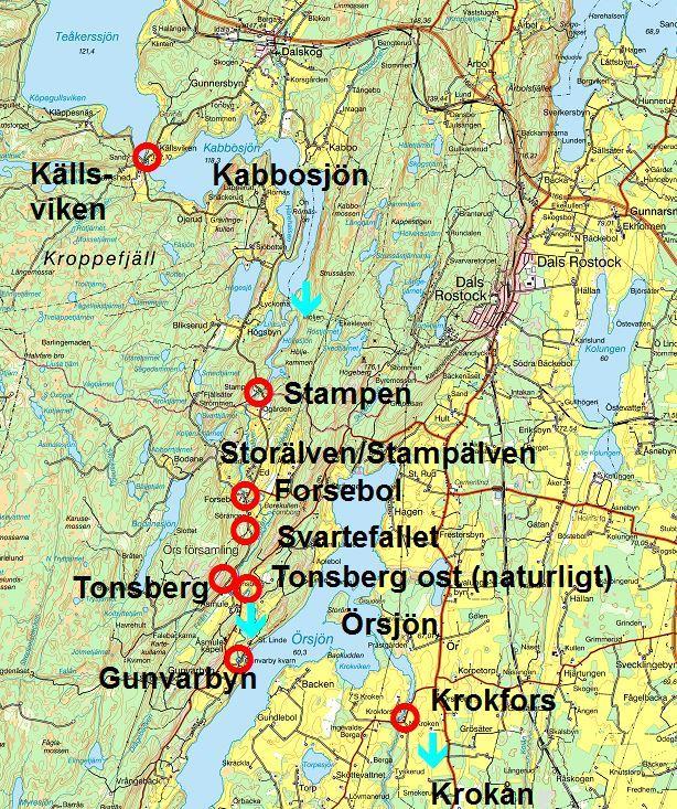 Karta 5. Storån/Stampälven Fallhöjden i Storälven/Stampälven är ganska hög och det finns därför strömsträckor i vattendraget, även om en del av dessa utnyttjas i kraftverk och har dämts in.