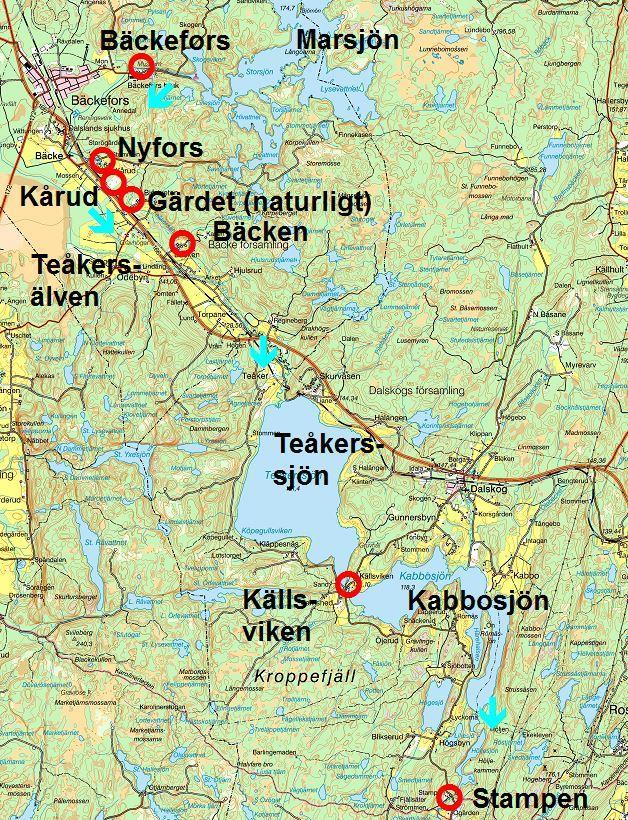 Karta 6. Teåkersälven Med tanke på de stora värden som finns i Teåkersälven med främst öring, flodkräfta och flodpärlmussla är det hög prioritet på olika åtgärder som gynnar dessa bestånd.
