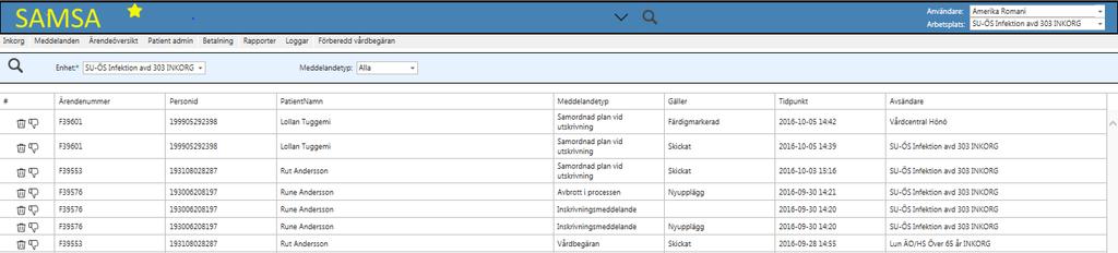 Inkorg 5 7 6. Meddelandetyp kan väljas. Enhet. Användare och Arbetsplats.