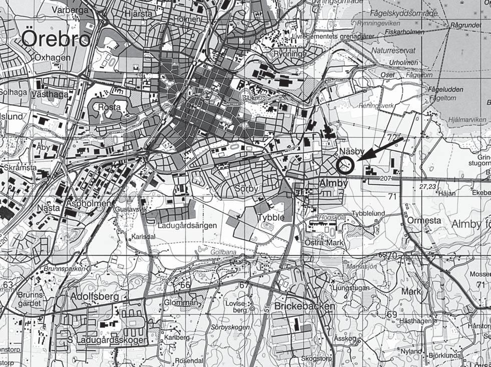Fig. 1. Utsnitt ur Topografiska kartan Örebro 10F SV med förundersökningsområdets läge markerat. Skala 1:50 000.