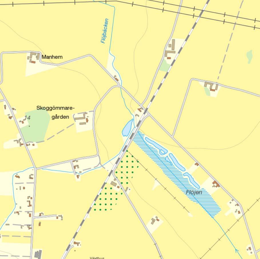 4 Flöjabäcken (nedre avgränsning RT 90: 6226145, 1310966) En 25 m lång sträcka direkt nedströms järnvägen inventerades, totalt 43 m 2.