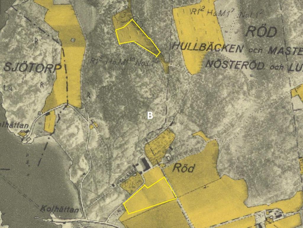 Röd. 1930-tal Ganska småskaligt kustjordbruk. Ganska stor andel åker och stor andel äng 1836, som senare blivit betesmark.