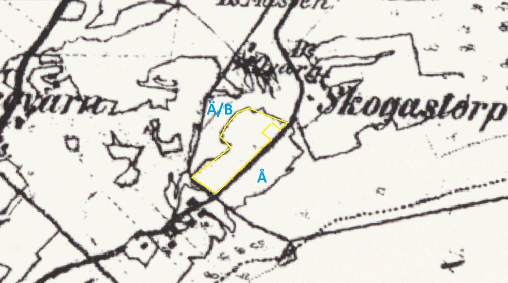 Skogsnycklar Skogsnäva 1 1 Älggräs 1 Hundkä 3 Skogastorp 1880-tal. Kartan finns endast tillgänglig i svartvitt, och därför går det inte veta vad som var äng respektive betesmark.