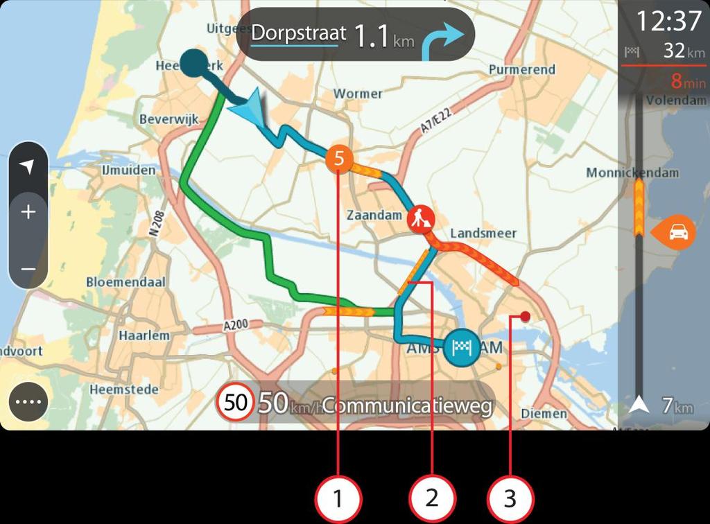Tips: Välj ett tillbud på kartan för att se mer detaljerad information. 1. Trafiktillbud som påverkar din rutt i din körriktning.