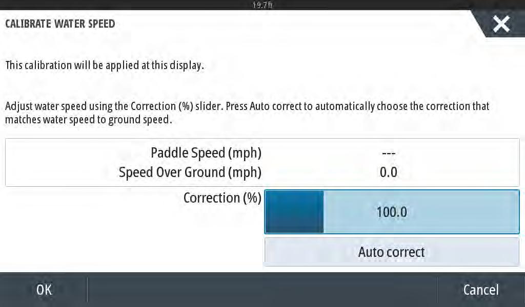 Avsnitt 4 - Inställning och kalibrering Genom att välja Auto correct (Autokorrigera) synkroniserar du paddelhjulet med GPS-signalen (om den är installerad i