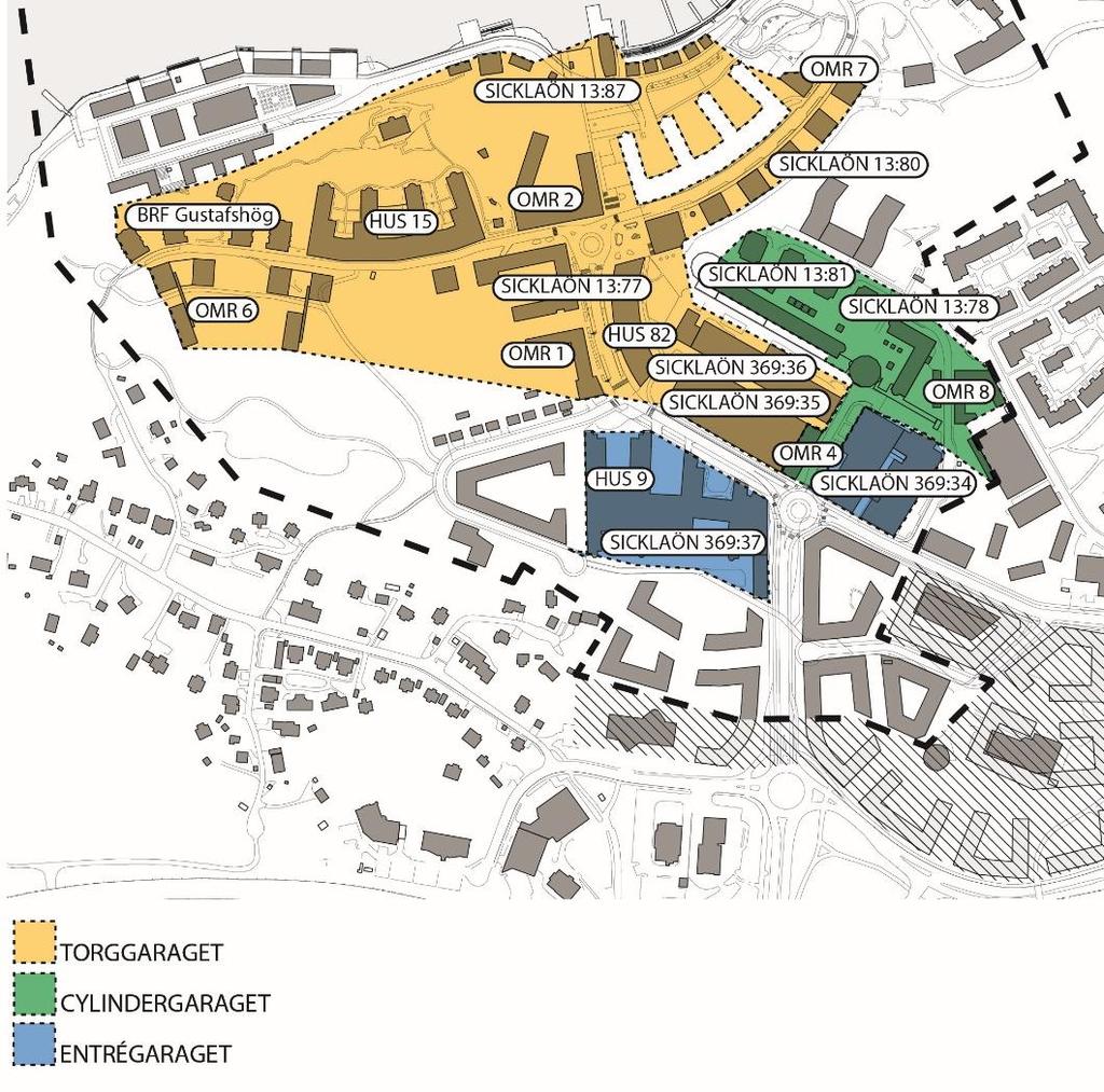 Figur 2. Indelning i GA Torggaraget, GA Cylindergaraget samt Entrégaraget.