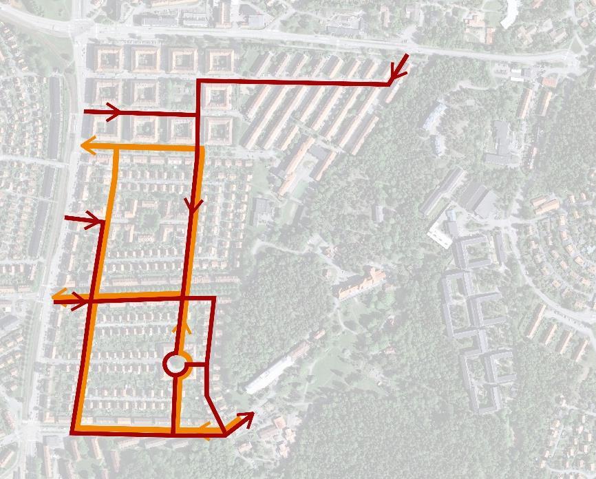 2 Potentiella "smitvägar" Utifrån gatustrukturen i området öster om Munkebäcksgatan har potentiella "smitvägar" identifierats, se figur 7.