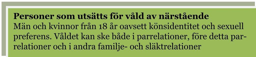 4. Målgrupper Handlingsplanens målgrupper avser inte brottsoffer generellt utan gäller för våld som sker i nära relationer; Personer som utsätts för våld av närstående Män och kvinnor från 18 år