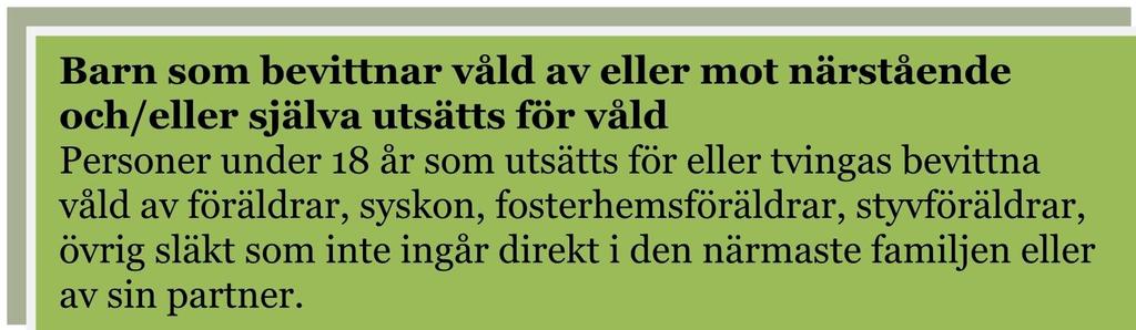 Våldet kan ske både i parrelationer, före detta parrelationer och i andra familje- och släktrelationer Barn som bevittnar våld av eller mot närstående och/eller själva utsätts för våld Personer under