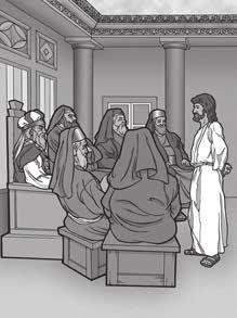 Lektionsbild 3-1 Soldater kom för att ta fast Jesus, och en av hans lärjungar (hans vänner), Petrus, blev rädd. Han hade lovat att vara nära Jesus och hjälpa honom.