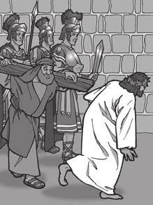 Det var därför han lät soldaterna göra så elaka saker mot honom. Lektionsbild 4-1 Soldaterna slog Jesus. De satte på honom en kungamantel och en krona av törne för att skratta åt honom.