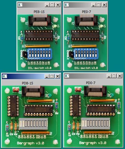 Hos MD407 har de 16 bitarna i GPIOD respektive GPIOE organiserats i 8-bitars portar, se figurerna. Här använder vi hela port E som inport och hela port D som utport.