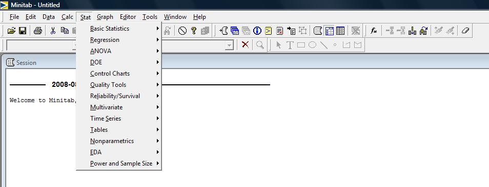 Det du ser är två delfönster: det övre heter Session och det nedre Worksheet. I Session-fönstret presenteras resultaten av dina analyser.