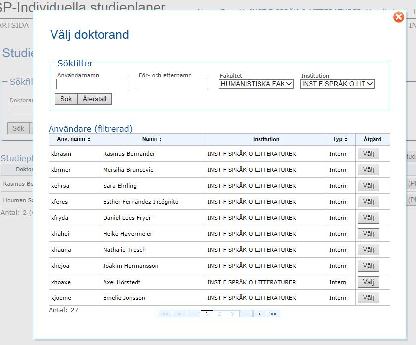 I sökfiltret kan du söka fram skapade studieplaner som du varit delaktig i som handledare.