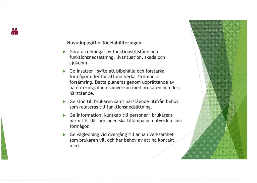 .. Huvuduppgifter för Habiliteringen.-.. Göra utredningar av funktionstillstånd och funktionsnedsättning, livssituation, skada och sjukdom..-.. Ge insatser i syfte att bibehålla och förstärka förmågor eller för att motverka förhindra försämring.