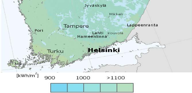 Solenergi i Kotka-Fredrikshamnregionen - utgångspunkter Solstrålningen är på en god nivå jämfört med övriga Finland (ca +5 % jämfört med inlandet).