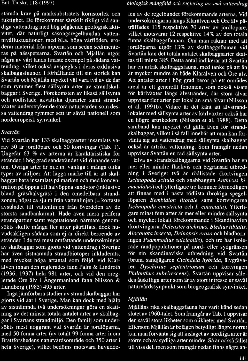 Ent. Tidskr. l8 ( 1997) Strandskalbaggar, Svartdn Vid Svartin har 133 skalbaggsarter insamlats varav 5 lir jordlcipare och 5 kortvingar (Tab. 1).