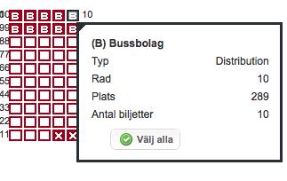 Släppa allokation 1. Trycker man på en plats som är allokerad ser man: typ, kod, beskrivning, rad, plats, antal biljetter som ligger under denna allokation.