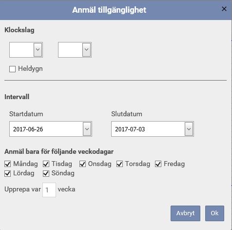 3.2 ANMÄLA TILLGÄNGLIGHET I denna del av programmet registrerar du vilka dagar, och vilka tider på dessa dagar, som du kan jobba. Det är viktigt att du registrerar din tillgänglighet här.