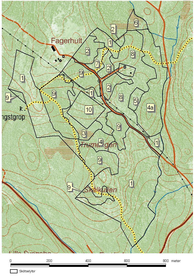 2.1. Skötselområden Reservatet är indelat i 10 skötselområden; 1) Lövskog, 2) granplanteringar för hävd 3) Aspskog 4) granskog 5) Björkskog på fornåker 6)